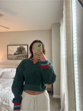 Urban Outfitters Green Fleece Cropped Sweatshirt with Red & Blue Trim